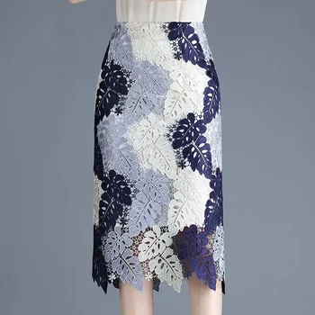 Элегантная юбка-карандаш Миди с 3D вышивкой в виде листьев Контрастного цвета, пэчворк, вязание крючком, кружевная набедренная повязка Длиной до колен, юбки OL