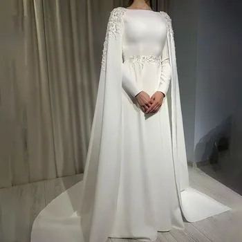 Элегантное арабское мусульманское свадебное платье, накидка с длинными рукавами, трапециевидное платье невесты с круглым вырезом, кружевные аппликации, шлейф