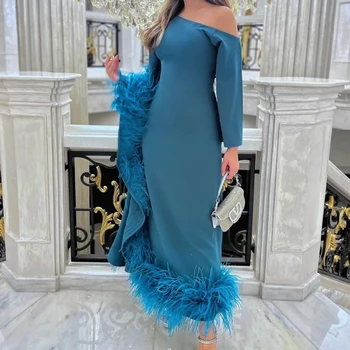 Элегантное короткое вечернее платье из крепа на одно плечо с перьями, облегающее Голубое платье для выпускного вечера длиной до щиколоток для женщин