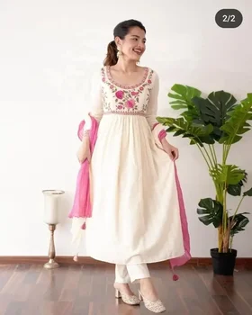 Элегантное платье Anarkali с U-образным вырезом, Курти-брюки Dupatta, Белые шаровары ручной работы, комплекты