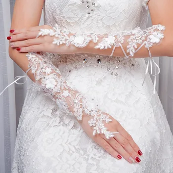 Элегантные кружевные перчатки для новобрачных, Свадебные Аксессуары, свадебные перчатки с блестящими пайетками и бусинами