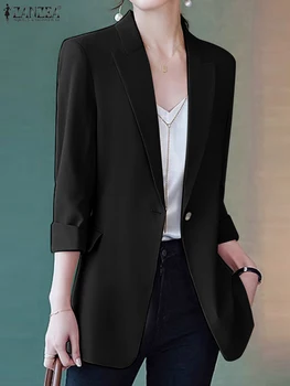 Элегантный блейзер с отворотом и рукавом 3/4, модные женские офисные куртки ZANZEA, Осенние женские однотонные костюмы, повседневная тонкая верхняя одежда OL