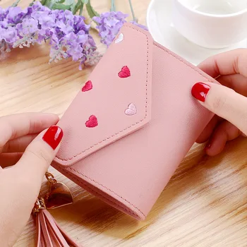 Японский Многофункциональный женский мини-кошелек с вышивкой в форме сердца ярких цветов, женский короткий кошелек, милый кошелек для монет, упаковка для карт